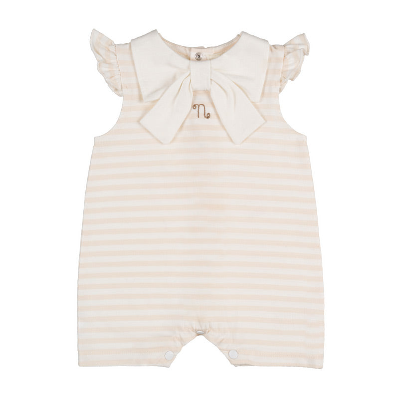 Pagliaccetto a righe beige con fiocco