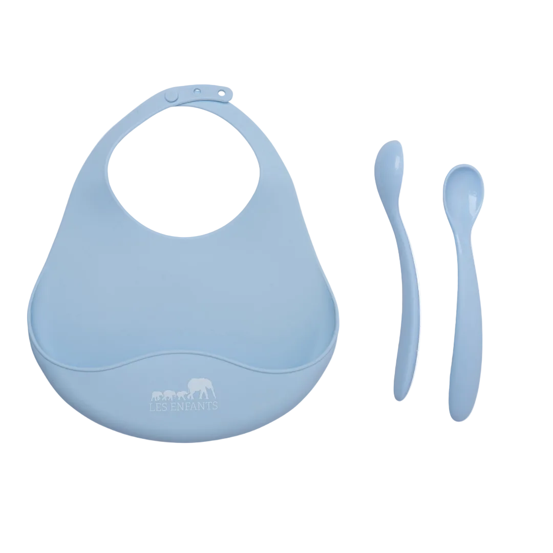 Set Pappa in Silicone Blu – Bavaglino & Cucchiaini | Les Enfants