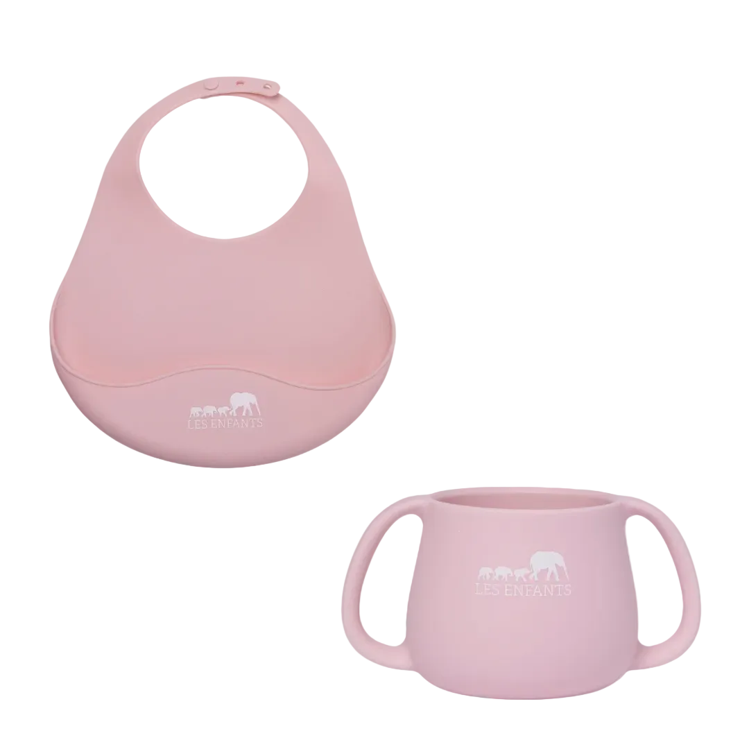Set Pappa in Silicone Rosa – Bavaglino & Bicchiere | Les Enfants